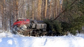 Грузовик улетел в кювет на трассе в Томской области