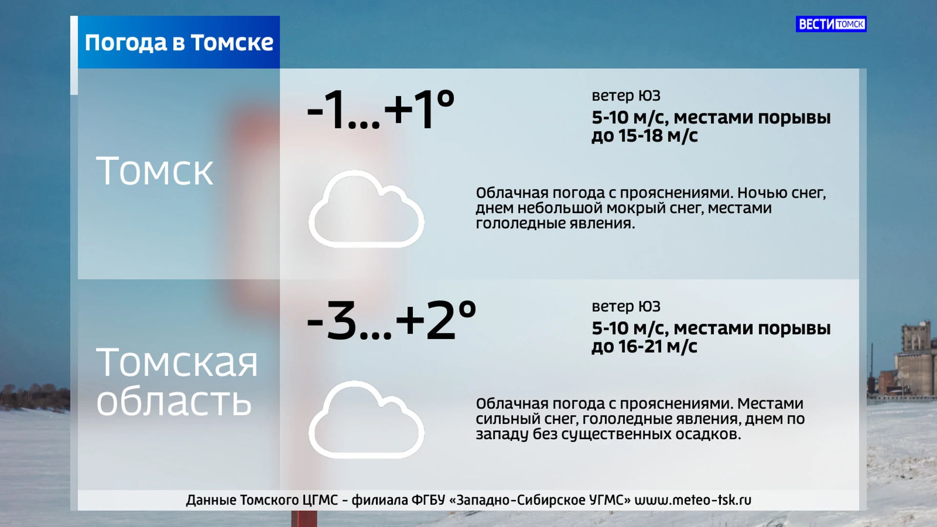 Сильный ветер и мокрый снег ожидается в Томске в воскресенье